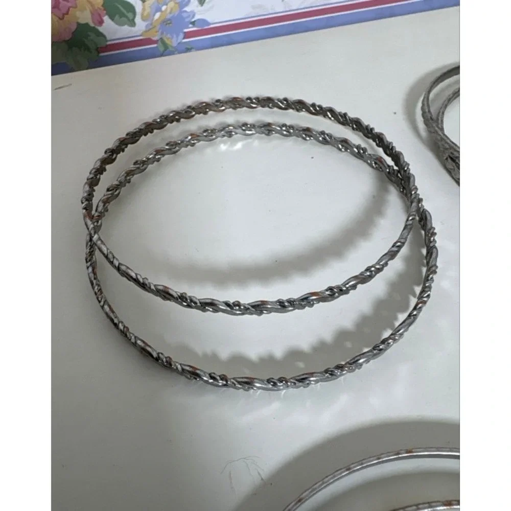 Vintage Silver Tone Textured Bangle Bracelet Set 11 Pieces Stackable Boho Etched